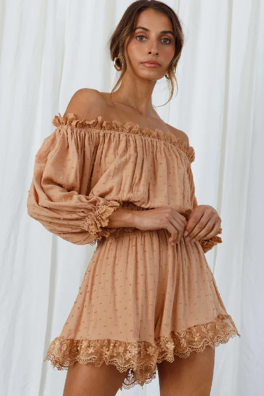 Romilly Scalloped Lace Trim Off-Shoulder Top Tan