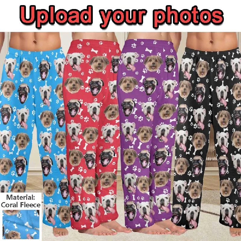 Coral Fleece Pajama Trousers-Custom Pet Face Bone Foot Print Warm and Comfortable Sleepwear Long Pajama Pants For Men Women