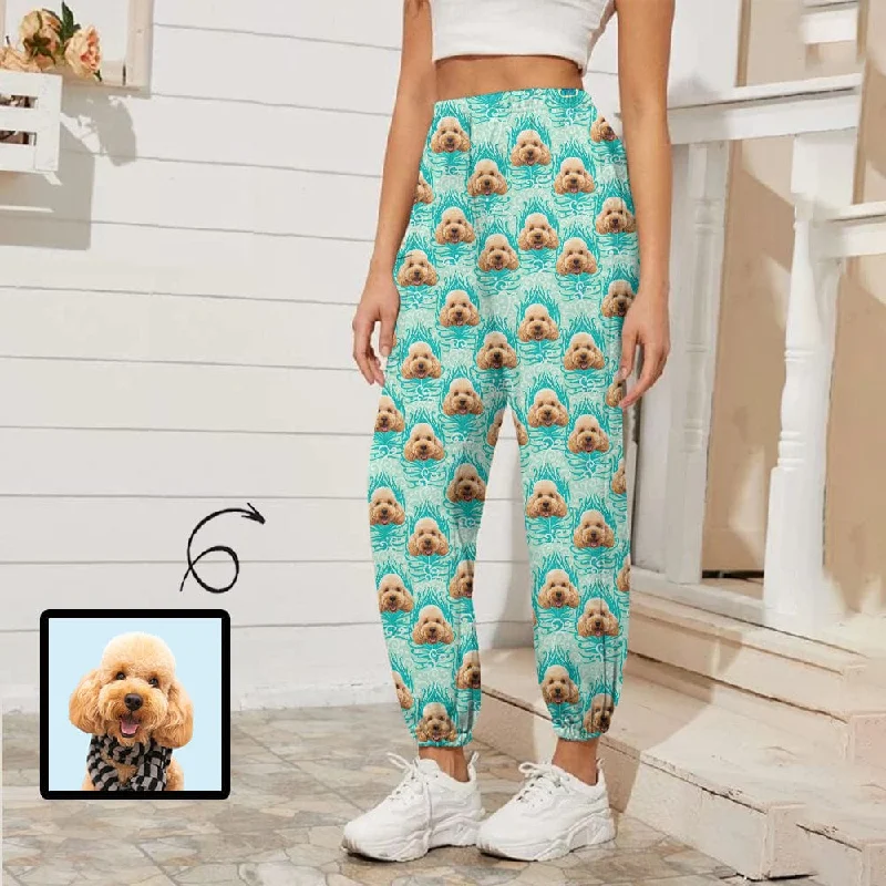 Custom Pet Face Dog Green Women's Jogger Casual Trousers Elastic Waist Workout Sport Gym Pants With Pocket