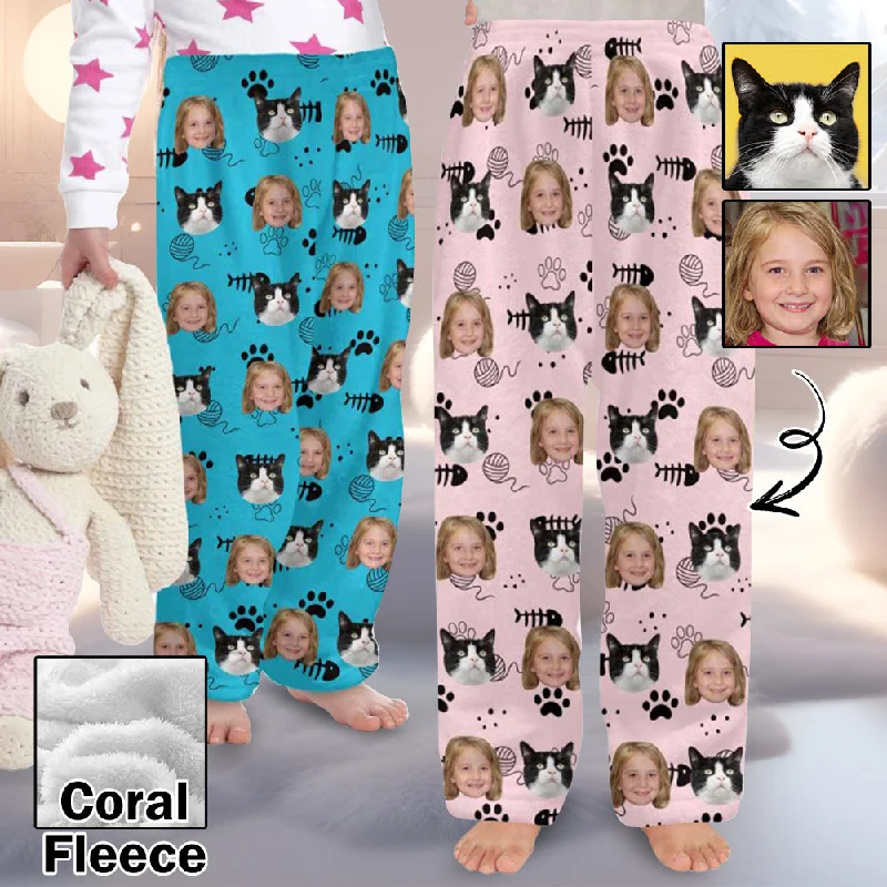 Flannel Pants for 2-15Y Kids-Custom Pet Photo Cute Cat and Me Pajama Pants 100% Soft Flannel For Winter