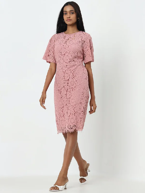 Wardrobe Dusty Pink Floral Lace A-Line Dress