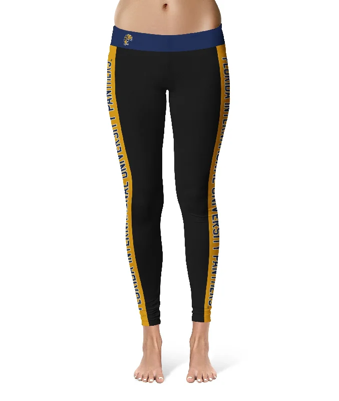 FIU Panthers Game Day Gold Stripes Black Yoga Leggings for Women by Vive La Fete