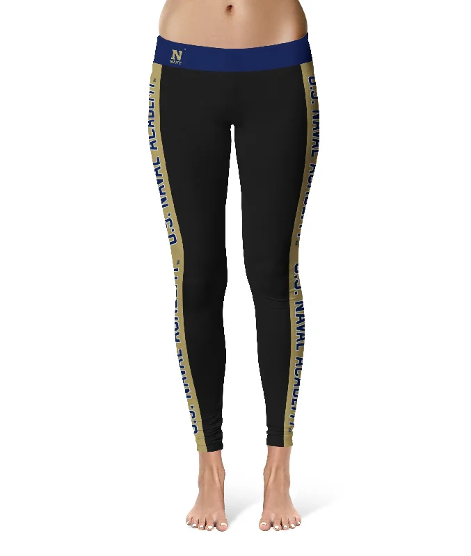 Naval Academy Midshipmen Game Day Gold Stripes Black Yoga Leggings for Women by Vive La Fete