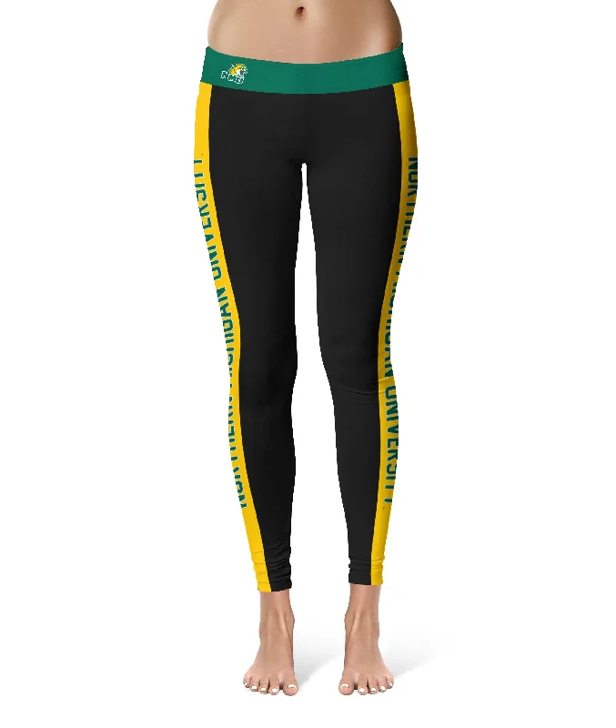 Northern Michigan Wildcats Game Day Gold Stripes Black Yoga Leggings for Women by Vive La Fete