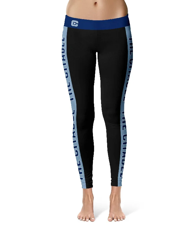 The Citadel Bulldogs Game Day Light Blue Stripes Black Yoga Leggings for Women by Vive La Fete