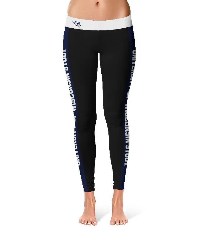 UW Wisconsin Stout Blue Devils Game Day Navy Stripes Black Yoga Leggings for Women by Vive La Fete