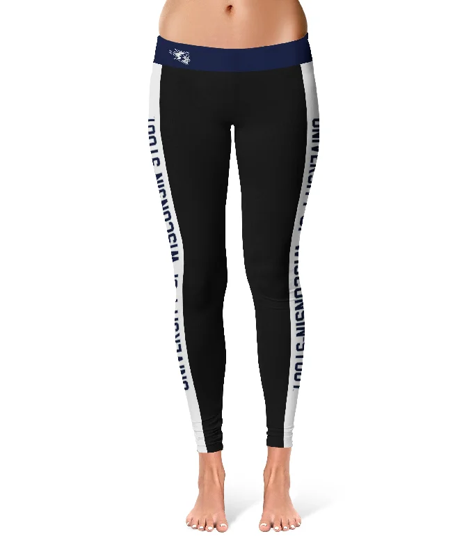 UW Wisconsin Stout Blue Devils Game Day White Stripes Black Yoga Leggings for Women by Vive La Fete