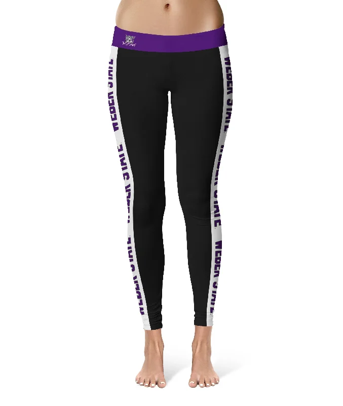 Weber State Wildcats WSU Game Day White Stripes Black Yoga Leggings for Women by Vive La Fete