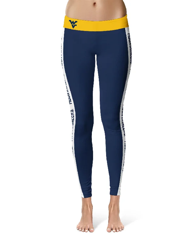 West Virginia Mountaineers Game Day White Stripes Navy Yoga Leggings for Women by Vive La Fete